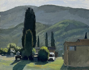 Artist: Joe Vinson, Title: La Manella, Trattore, Cipressi, Doblo, Medium: Oil, Paper, Dimensions: 9 x 12 in, Date: 2024